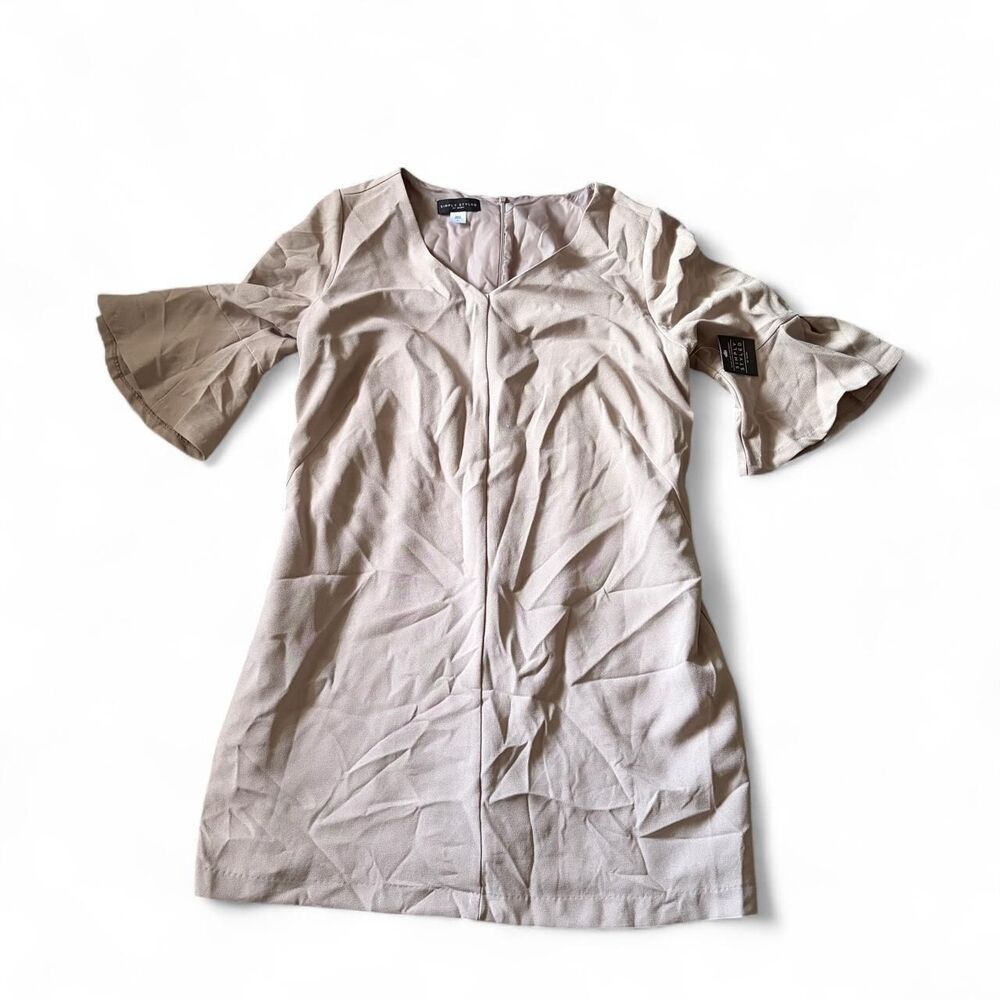 Simply Styled Tan Khaki Bell Sleeve V Neck Shift Dress NWT Workwear Large